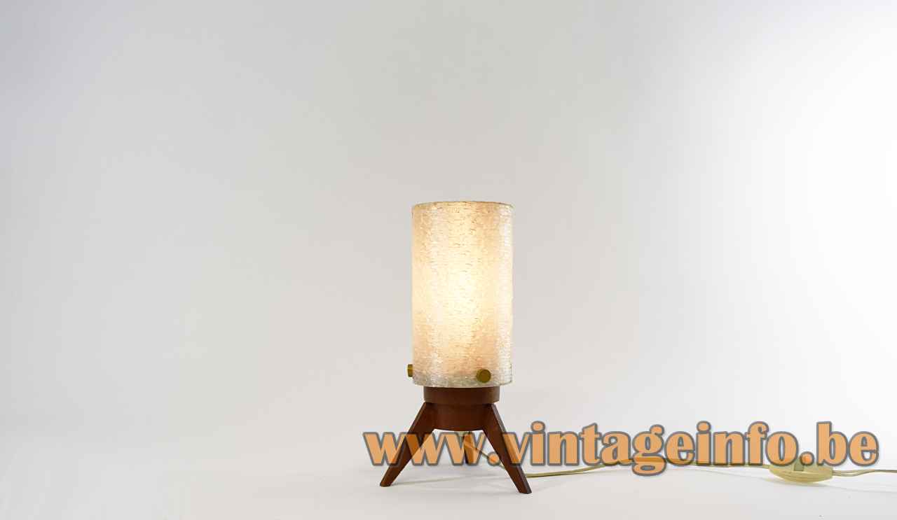 Jalest tripod table lamp teak base white opal acrylic tube lampshade brass screws 1950s 1960s France
