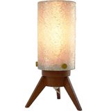 Jalest tripod table lamp teak base white opal acrylic tube lampshade brass screws 1950s 1960s France