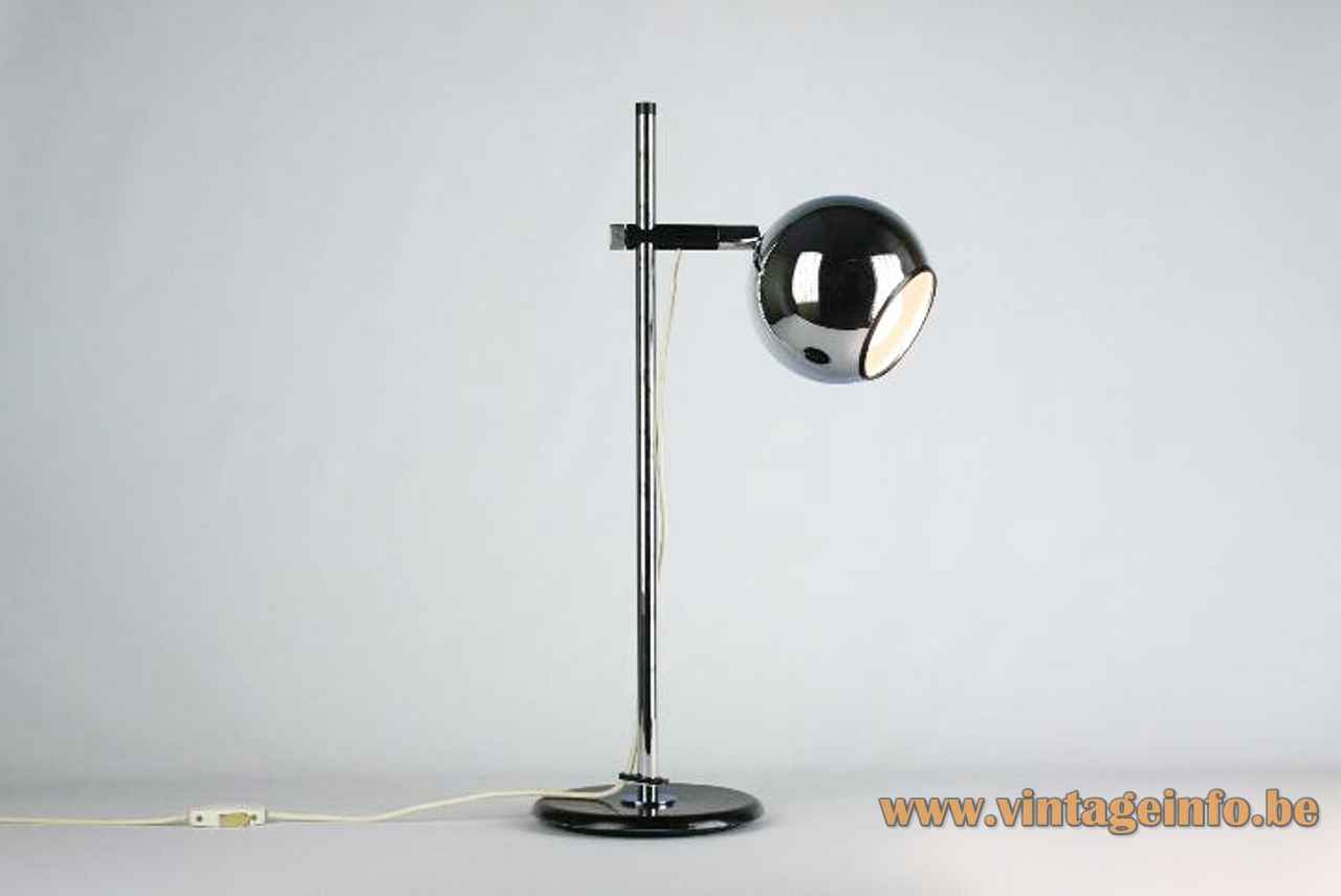 Staff eyeball desk lamp round black metal base chrome rod globe lampshade 1970s design: Arnold Berges Germany