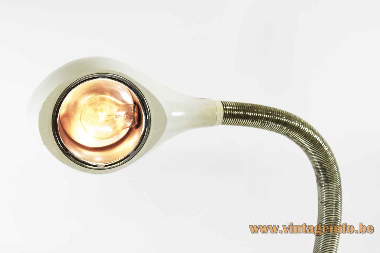 Temde Cobra table lamp round white metal base chrome gooseneck oval lampshade Model 32 Germany 1970s