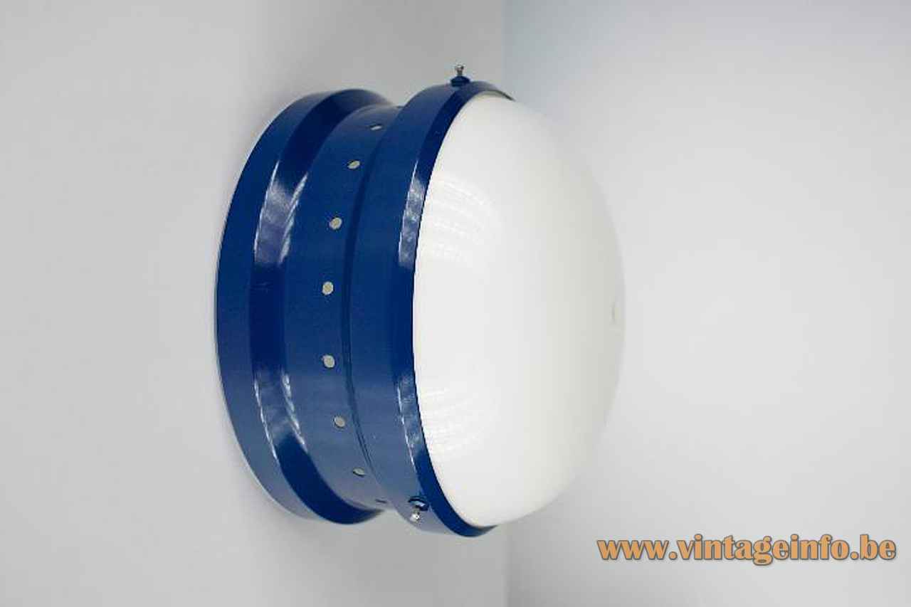 Tramo Kartell flush mount round blue metal base white acrylic lampshade 1960s 1970s Italy Spain