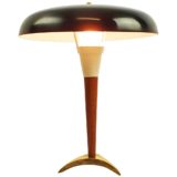 1950s tripod desk lamp brass metal base conical wood rod mushroom lampshade 1960s Massive Belgium
