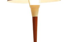 1950s tripod desk lamp brass metal base conical wood rod mushroom lampshade 1960s Massive Belgium