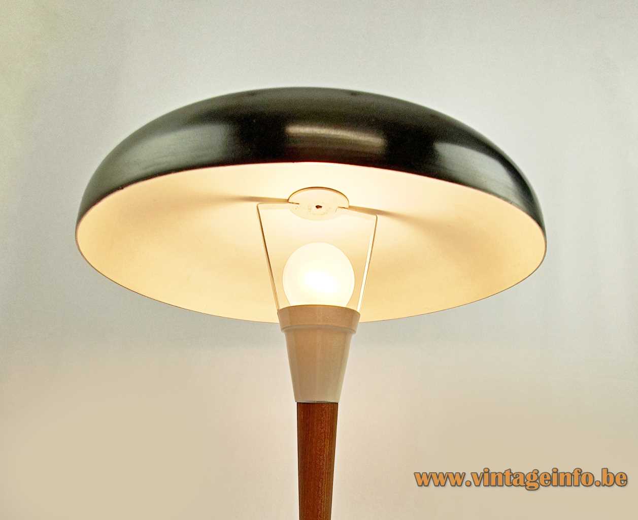 1950s tripod desk lamp brass metal base conical wood rod mushroom lampshade 1960s Massive Belgium