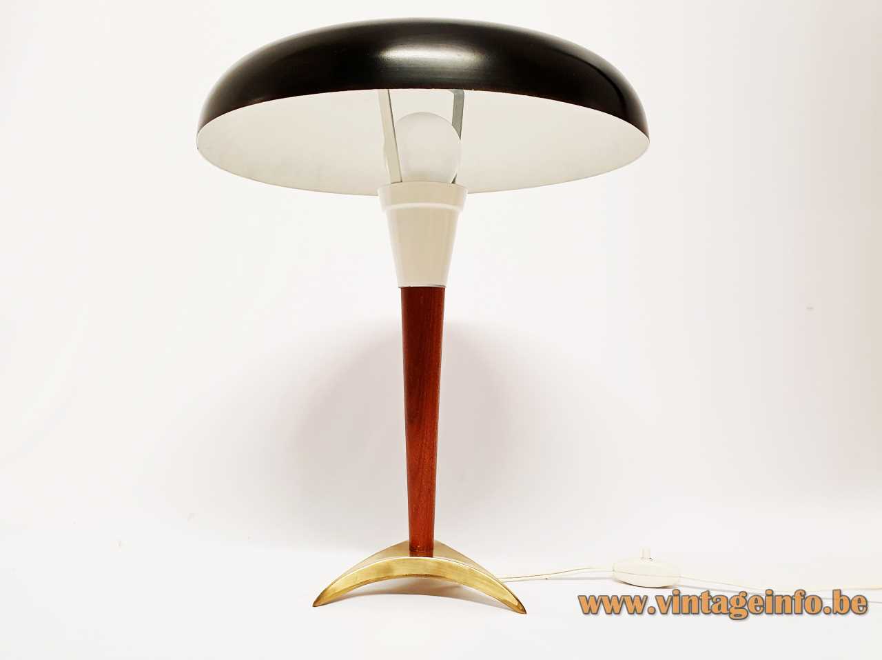 1950s tripod desk lamp brass metal base conical wood rod mushroom lampshade 1960s Massive Belgium