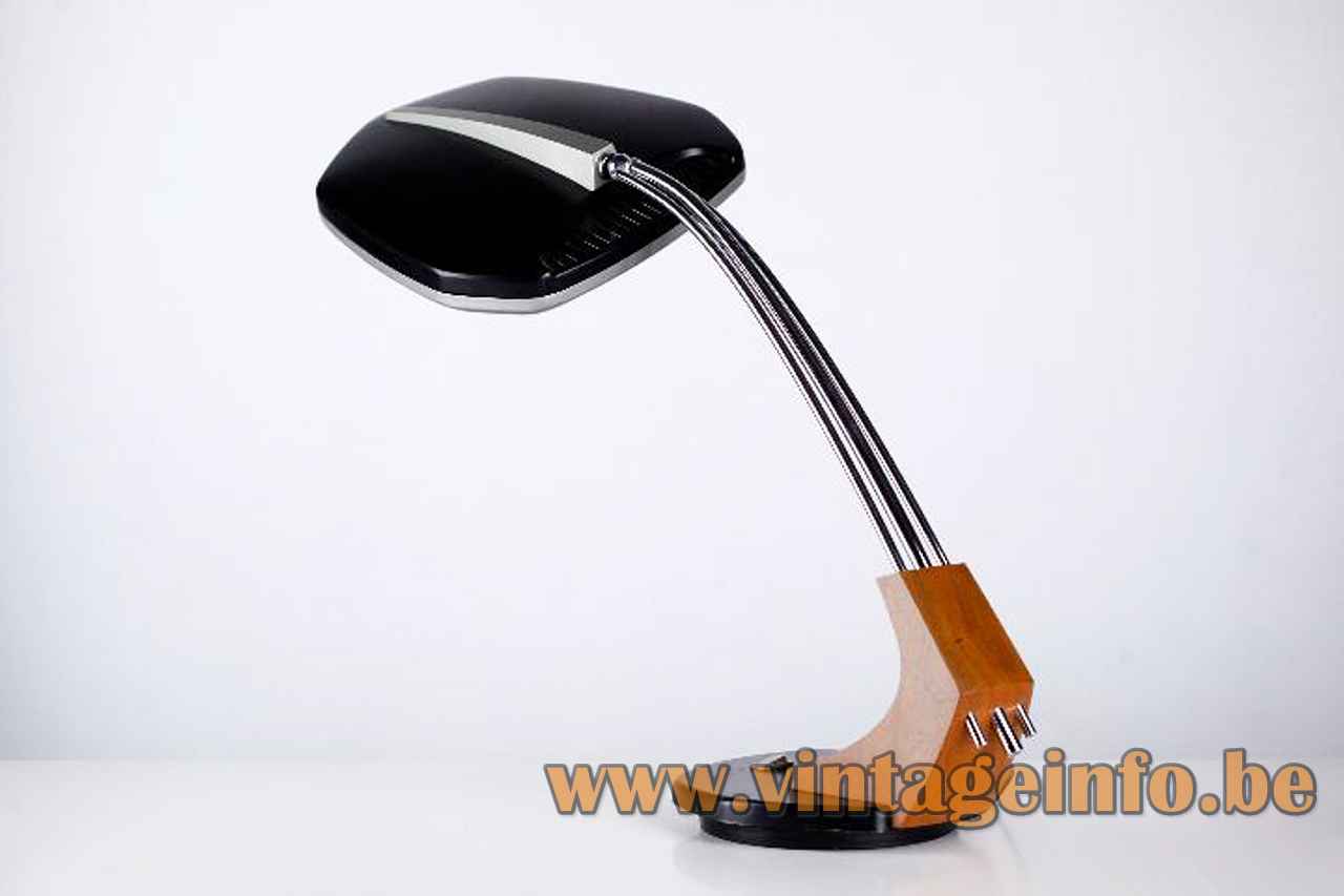 Fase Falux desk lamp black metal base wood & chrome rod glass & aluminium UFO lampshade 1970s Spain