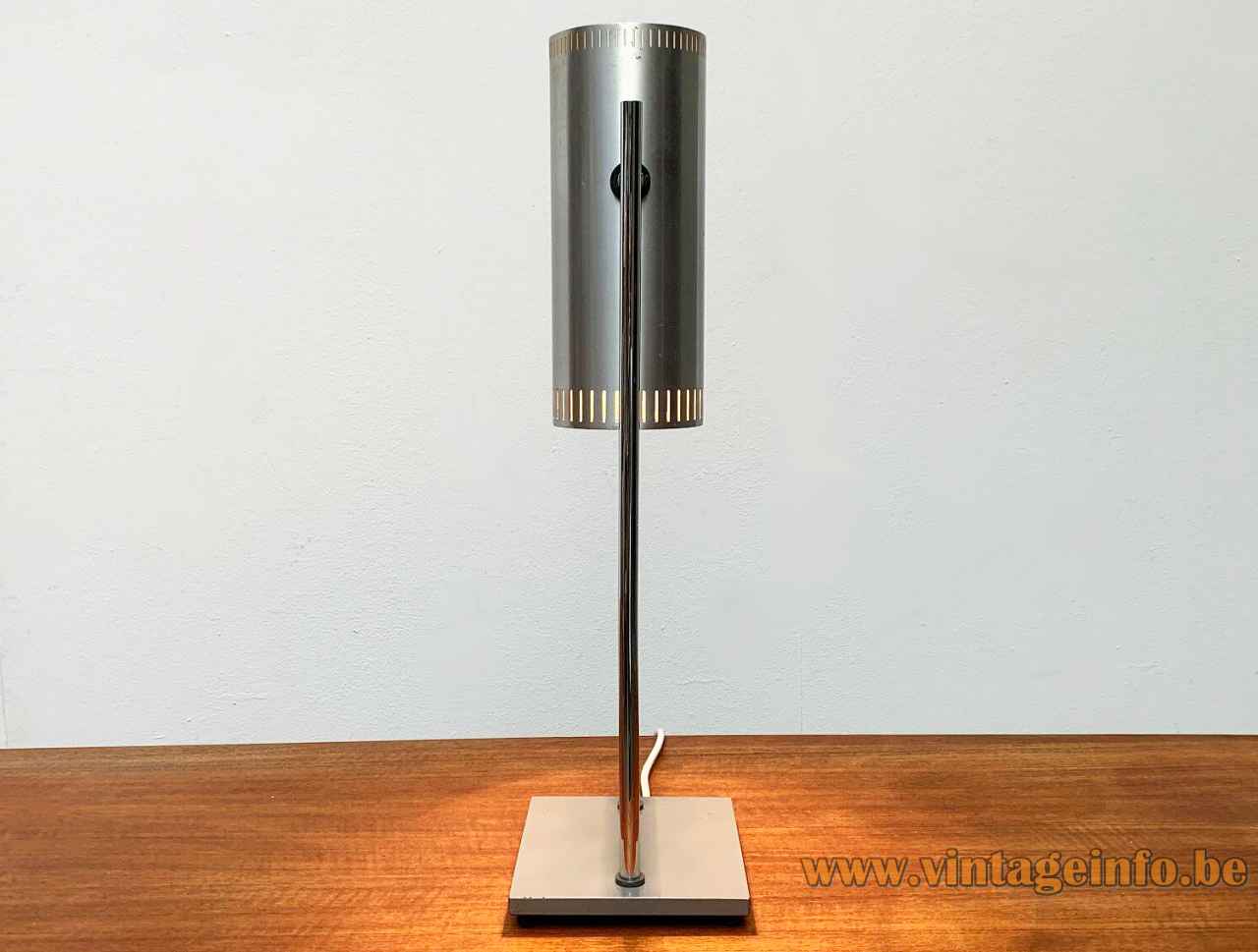 Fog & Mørup Trombone table lamp square metal base chrome rods tubular lampshade 1960s Design: Jo Hammerborg