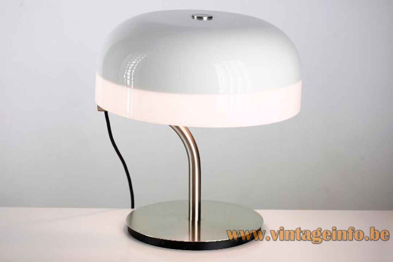 Giotto Stoppino Valenti desk lamp round flat chrome base & rod grey acrylic mushroom lampshade 1970s Italy