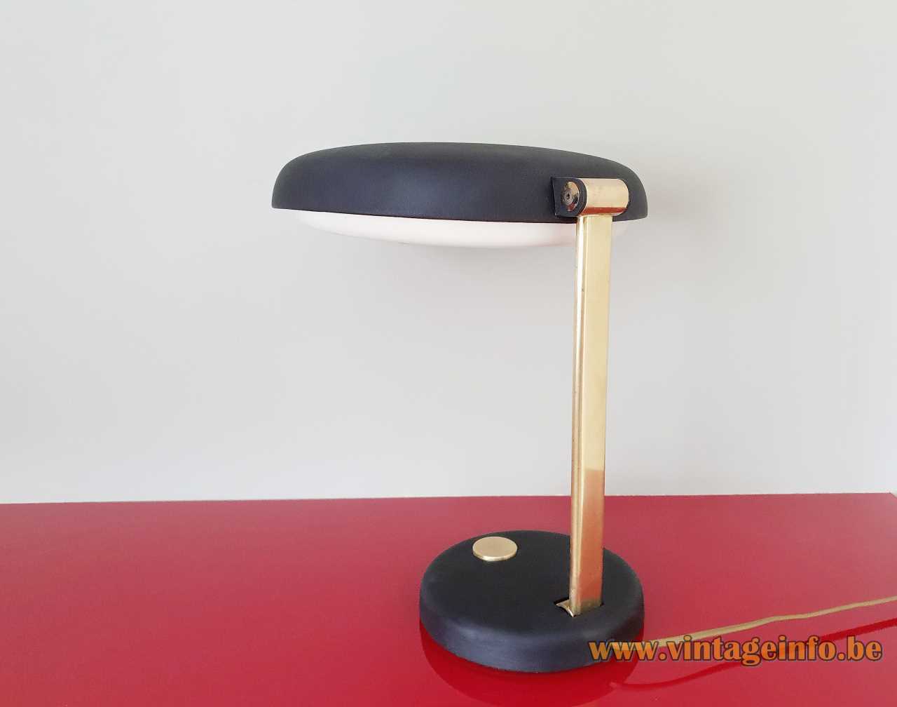Heinz Stahl Hillebrand desk lamp black round base & lampshade big switch brass slat 1960s 1970s Germany