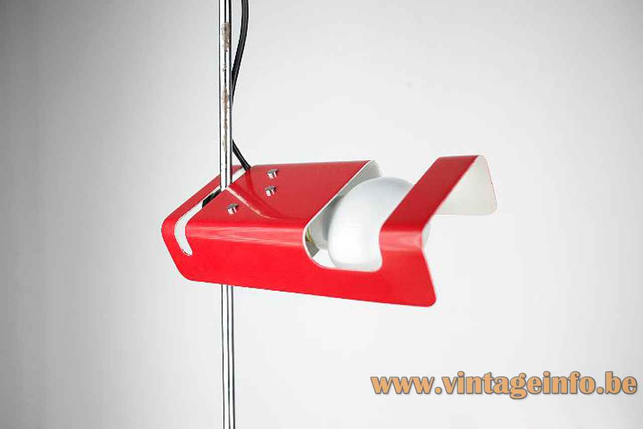 Joe Colombo Spider floor lamp chrome rod red rectangular lampshade 1965 design Oluce Italy Cornalux Hammerhead