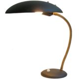 1950s Philips style desk lamp round base brass gooseneck mushroom lampshade Louis Kalff Massive Belgium