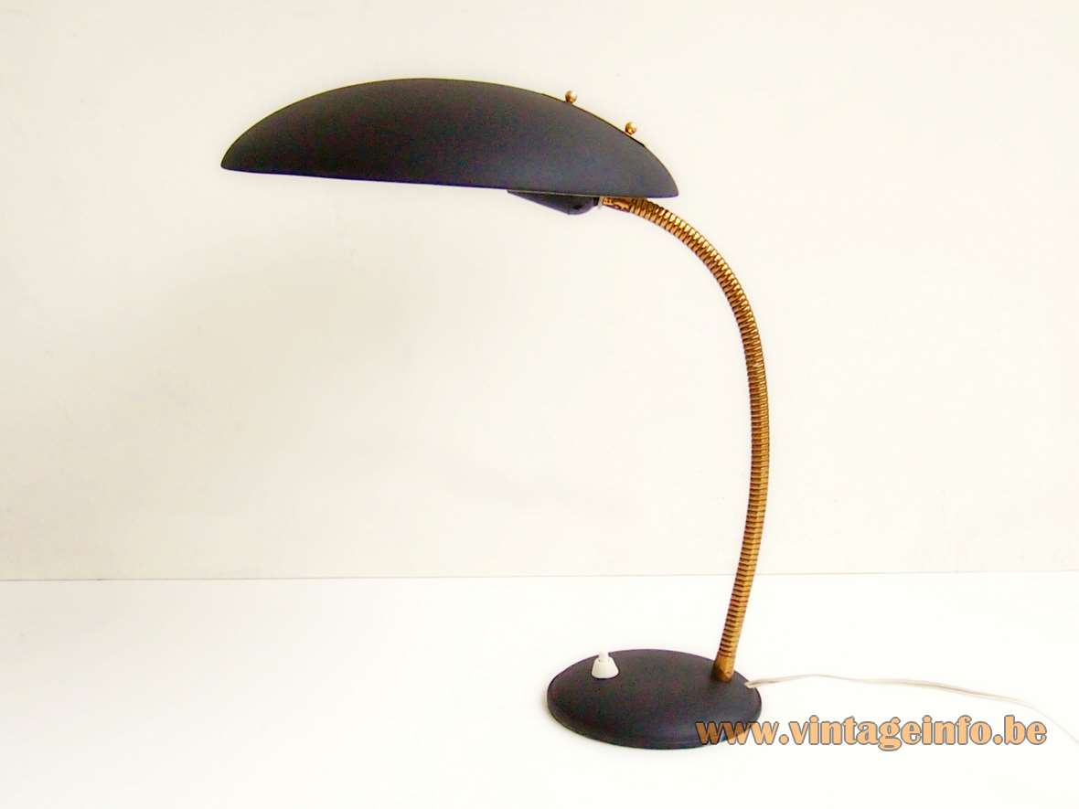 1950s Philips style desk lamp round base brass gooseneck mushroom lampshade Louis Kalff Massive Belgium