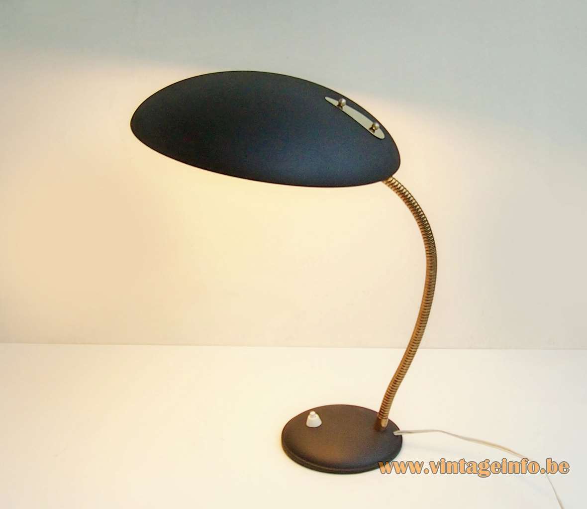 1950s Philips style desk lamp round base brass gooseneck mushroom lampshade Louis Kalff Massive Belgium