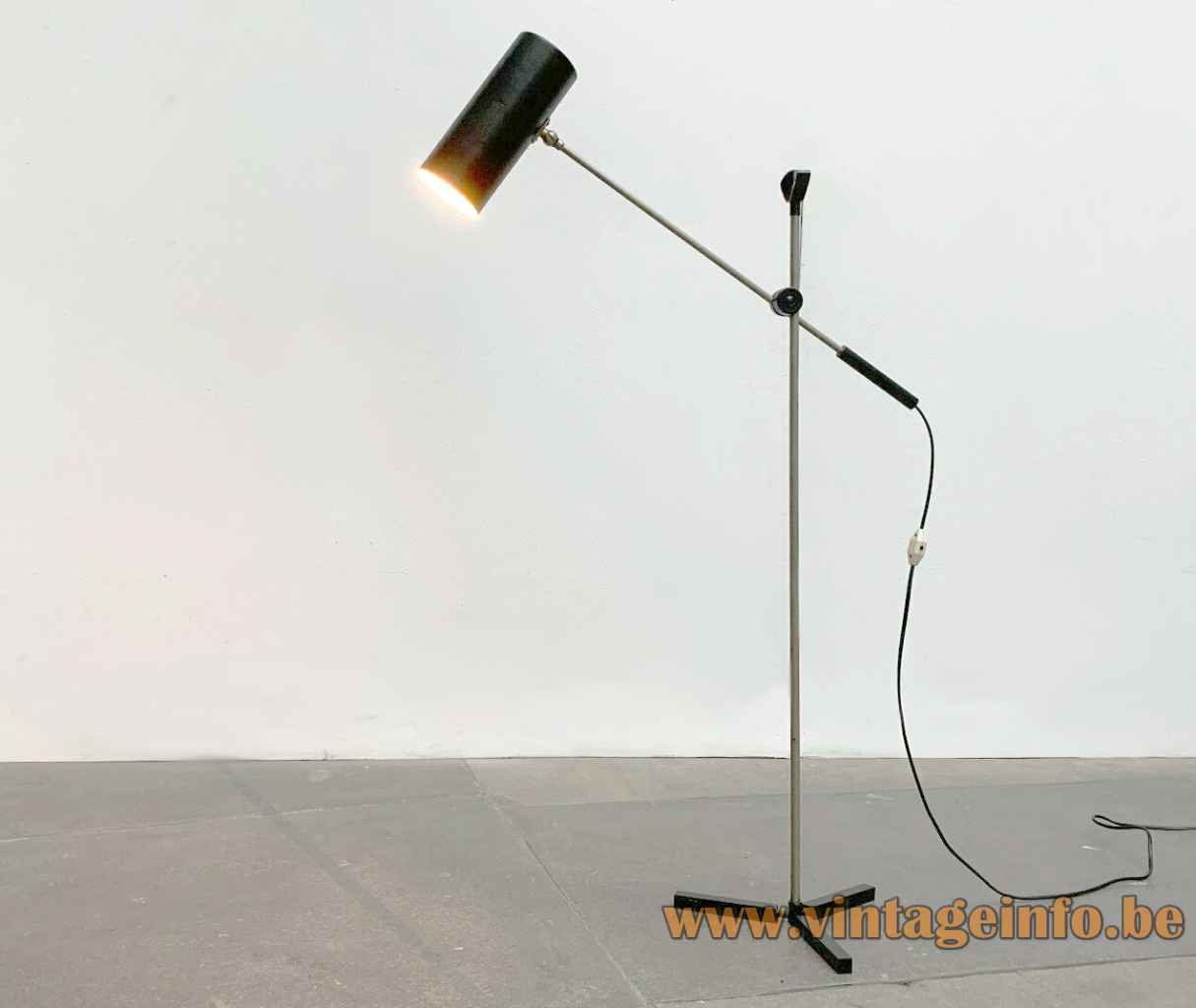 ANVIA floor lamp 8028 black tripod base nickel-plated rods tubular lampshade 1960s design: Jan Hoogervorst Netherlands