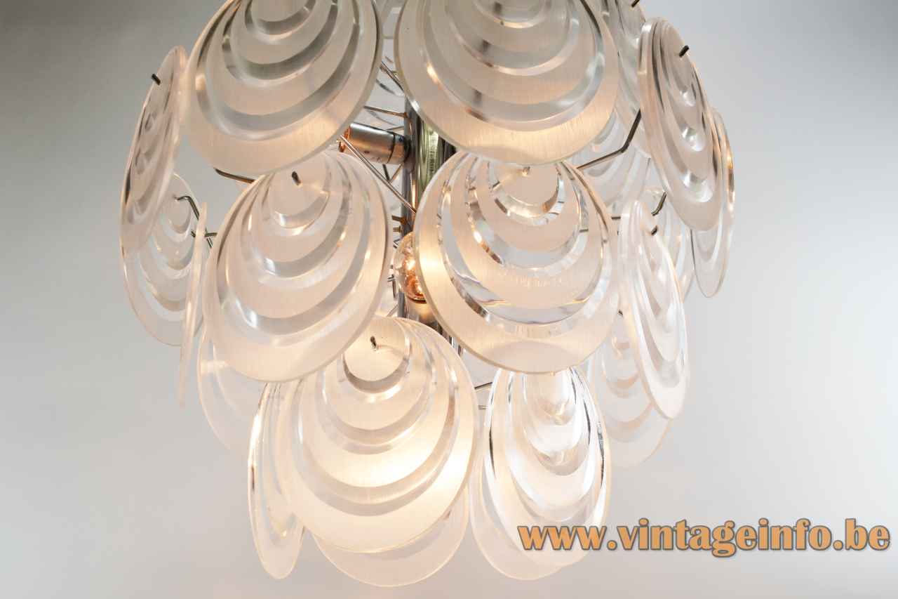 Aro Leuchte plastic discs chandelier clear acrylic oval slices lampshade chrome frame 1970s Germany Vistosi 