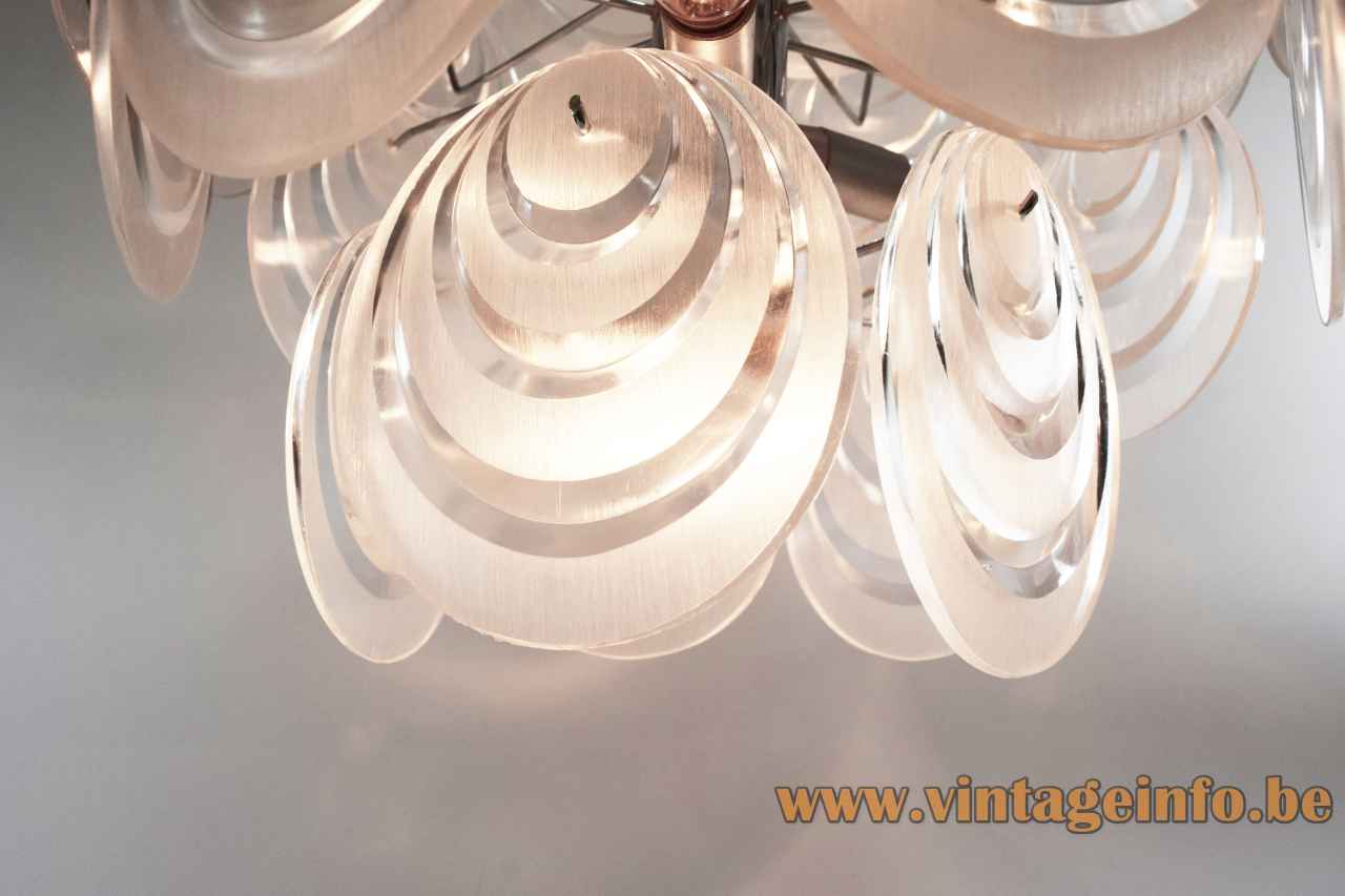 Aro Leuchte plastic discs chandelier clear acrylic oval slices lampshade chrome frame 1970s Germany Mazzega 