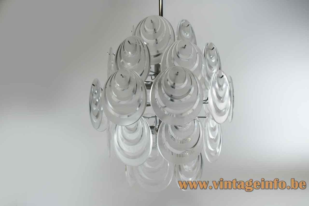 Aro Leuchte plastic discs chandelier clear acrylic oval slices lampshade chrome frame 1970s Germany Mazzega 