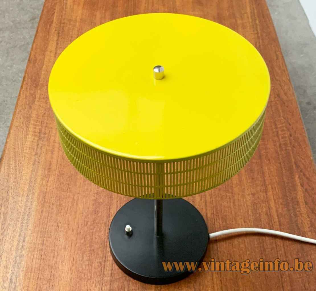 BuR mushroom desk lamp yellow perforated elongated slots aluminium lampshade 1960s Bünte & Remmler Germany