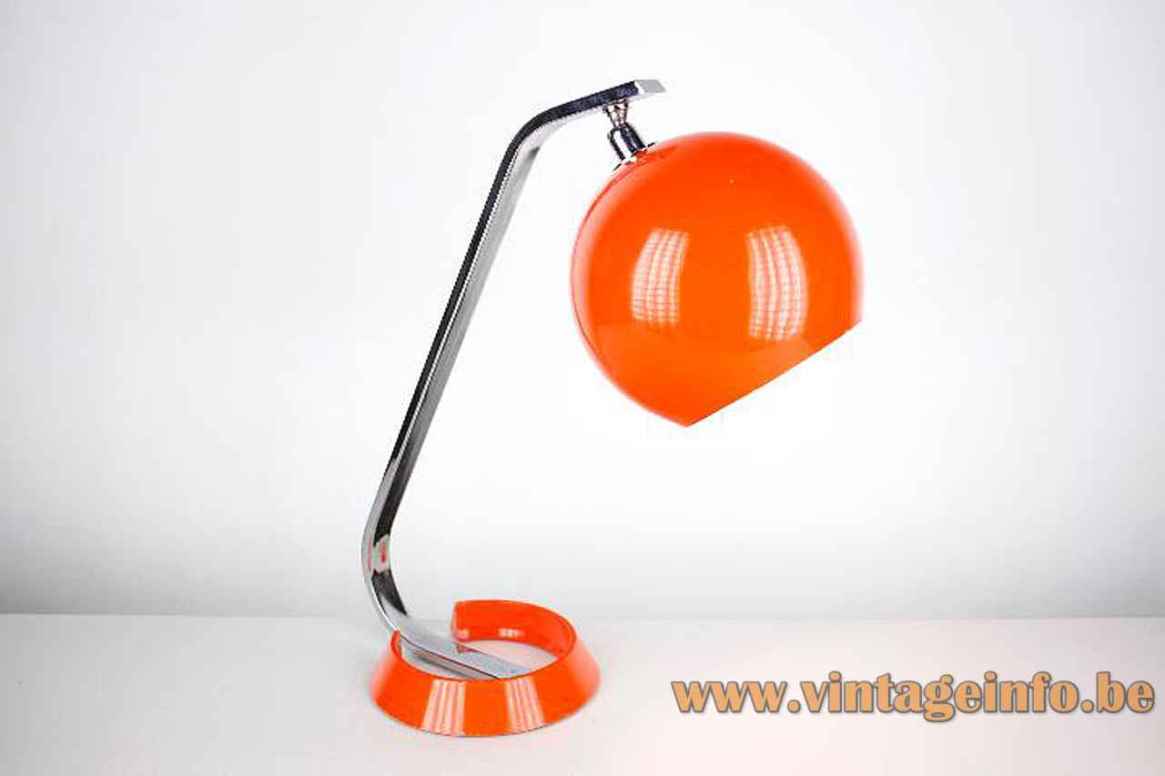 Grin Luz globe desk lamp round open ring base chrome slat orange eyeball lampshade 1970s Spain
