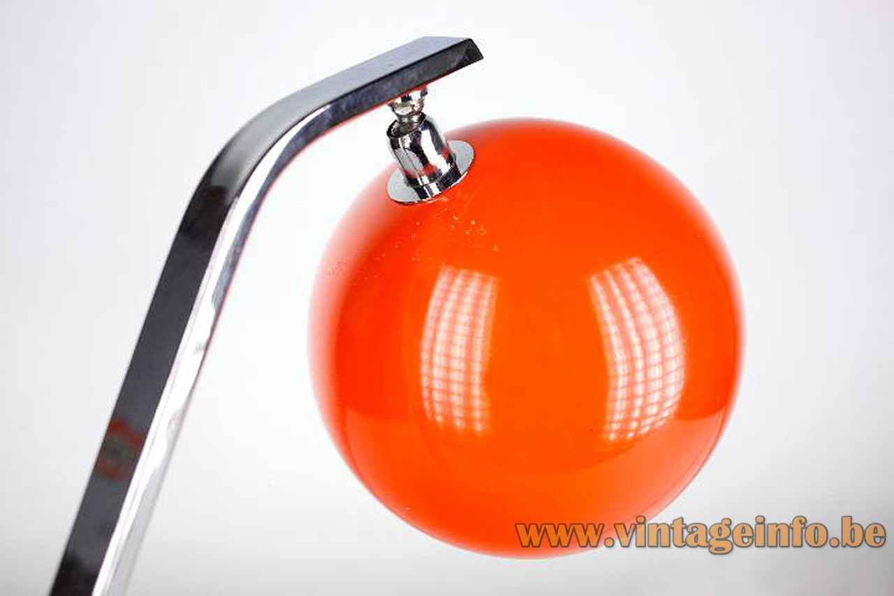 Grin Luz globe desk lamp thick chrome slat rod adjustable orange eyeball lampshade 1970s Spain