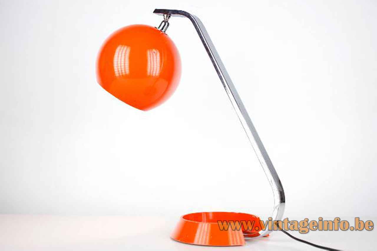 Grin Luz globe desk lamp round open ring base chrome slat orange eyeball lampshade 1970s Spain