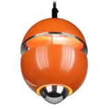 Massive orange globe pendant lamp 2 shells lampshade chrome reflector design: Klaus Hempel 1970s Germany Belgium