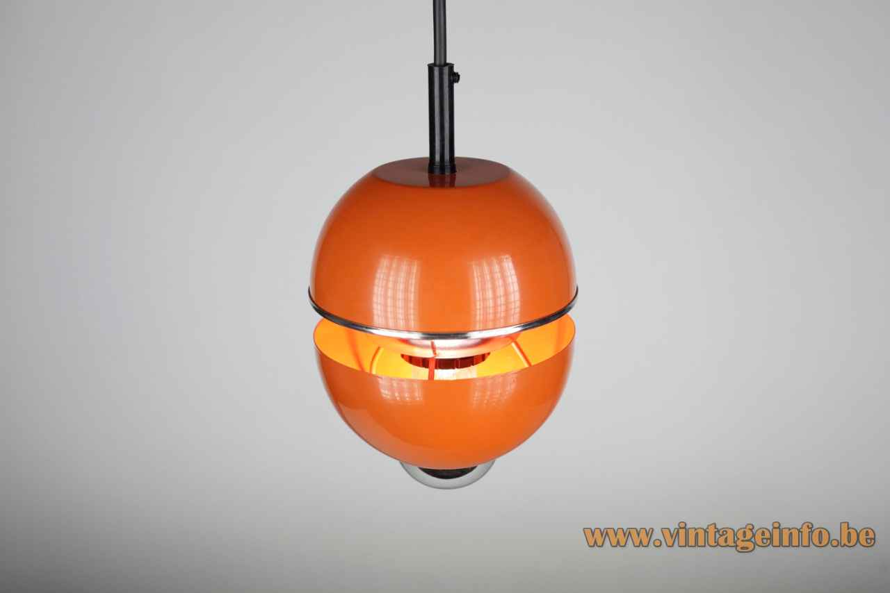 Massive orange globe pendant lamp 2 shells lampshade chrome reflector design: Klaus Hempel 1970s Germany Belgium