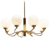 Massive striped globes chandelier 8 curved brass rods white & gold glass sphere lampshades 1980s Belgium