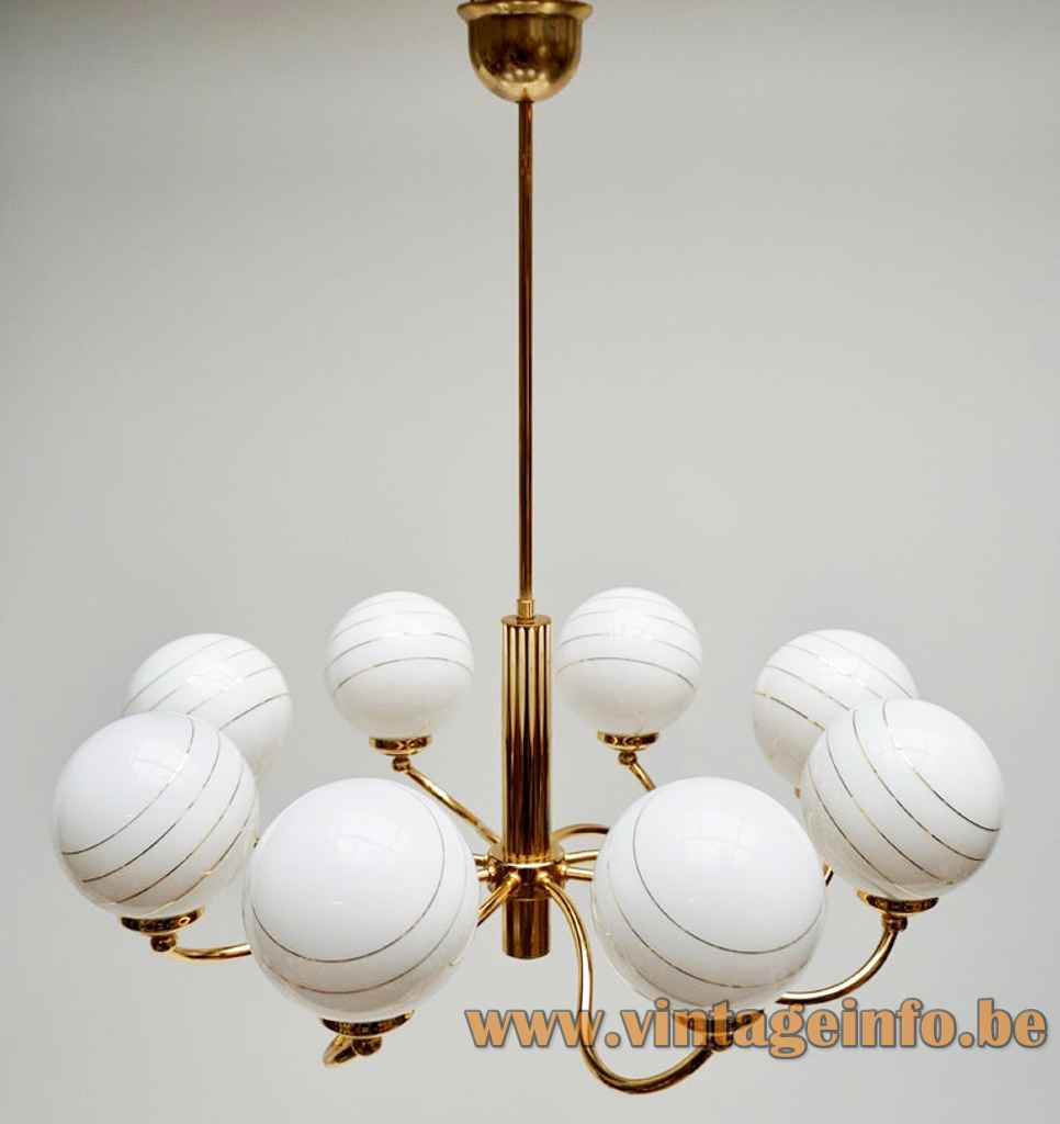 Massive striped globes chandelier 8 curved brass rods white & gold glass sphere lampshades 1980s Belgium