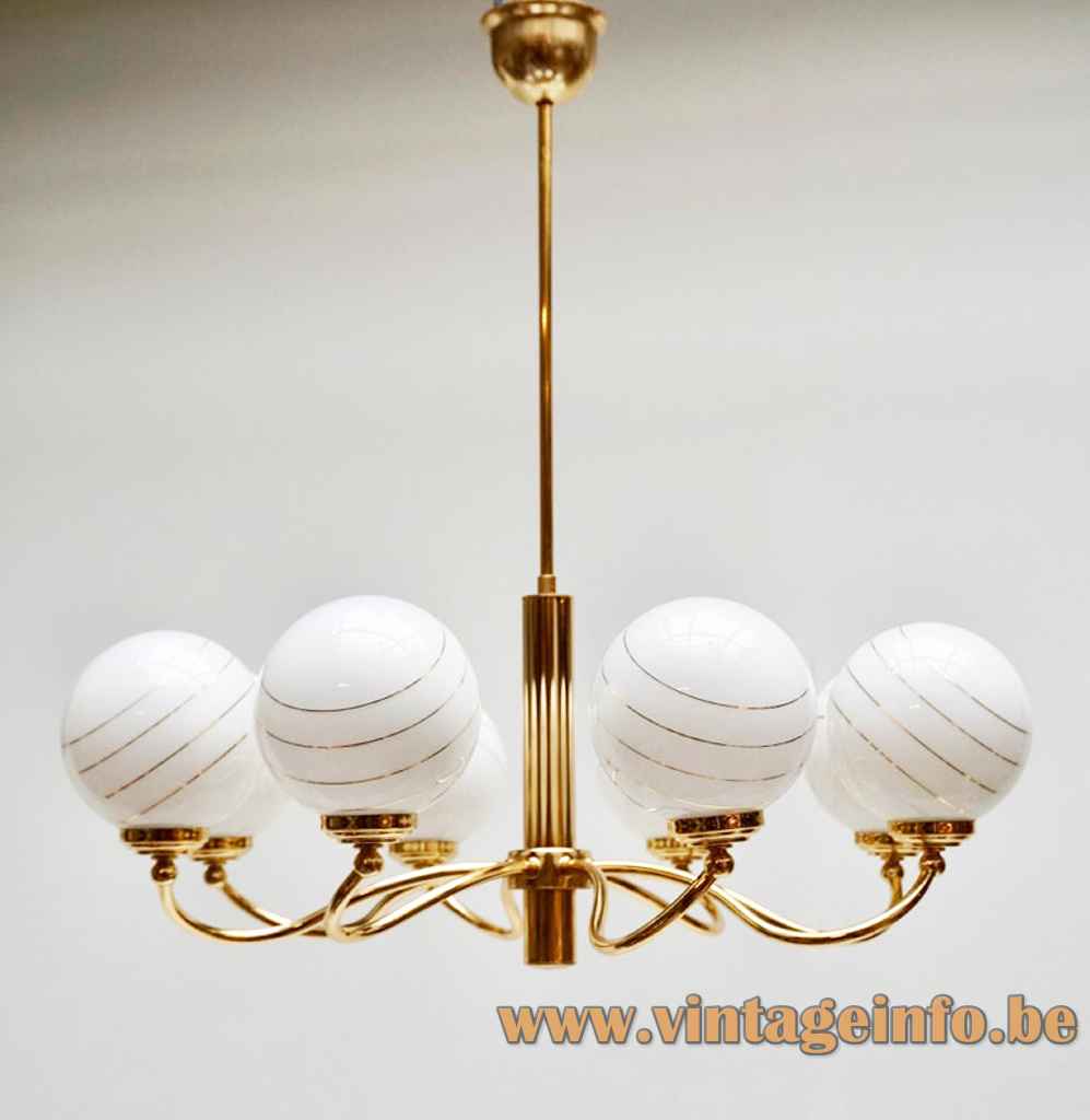 Massive striped globes chandelier 8 curved brass rods white & gold glass sphere lampshades 1980s Belgium
