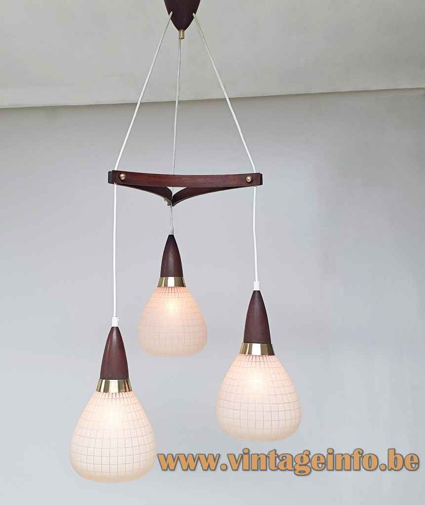 Massive triple pendant chandelier teak wood boomerang etched frosted white glass lampshades 1950s 1960s Belgium