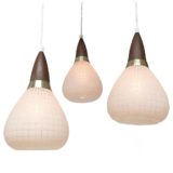 Massive triple pendant chandelier teak wood boomerang etched frosted white glass lampshades 1950s 1960s Belgium