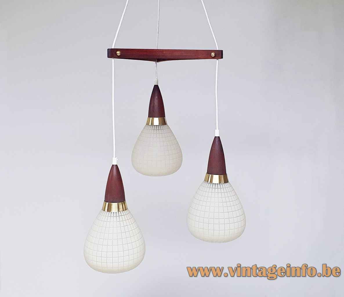Massive triple pendant chandelier teak wood boomerang etched frosted white glass lampshades 1950s 1960s Belgium
