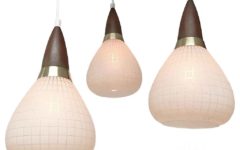 Massive triple pendant chandelier teak wood boomerang etched frosted white glass lampshades 1950s 1960s Belgium