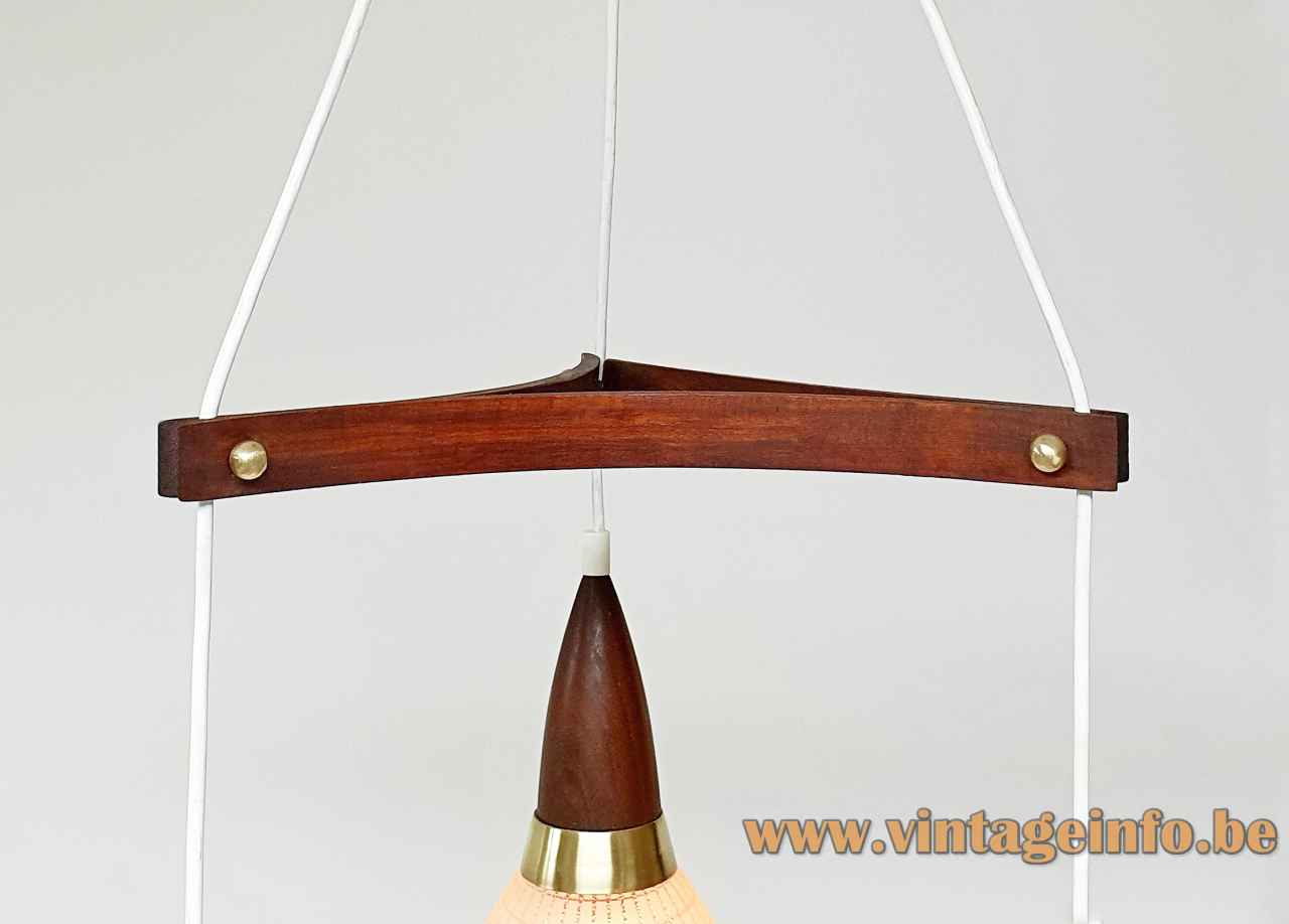 Massive triple pendant chandelier teak wood boomerang lampshade spreader 1950s 1960s Belgium