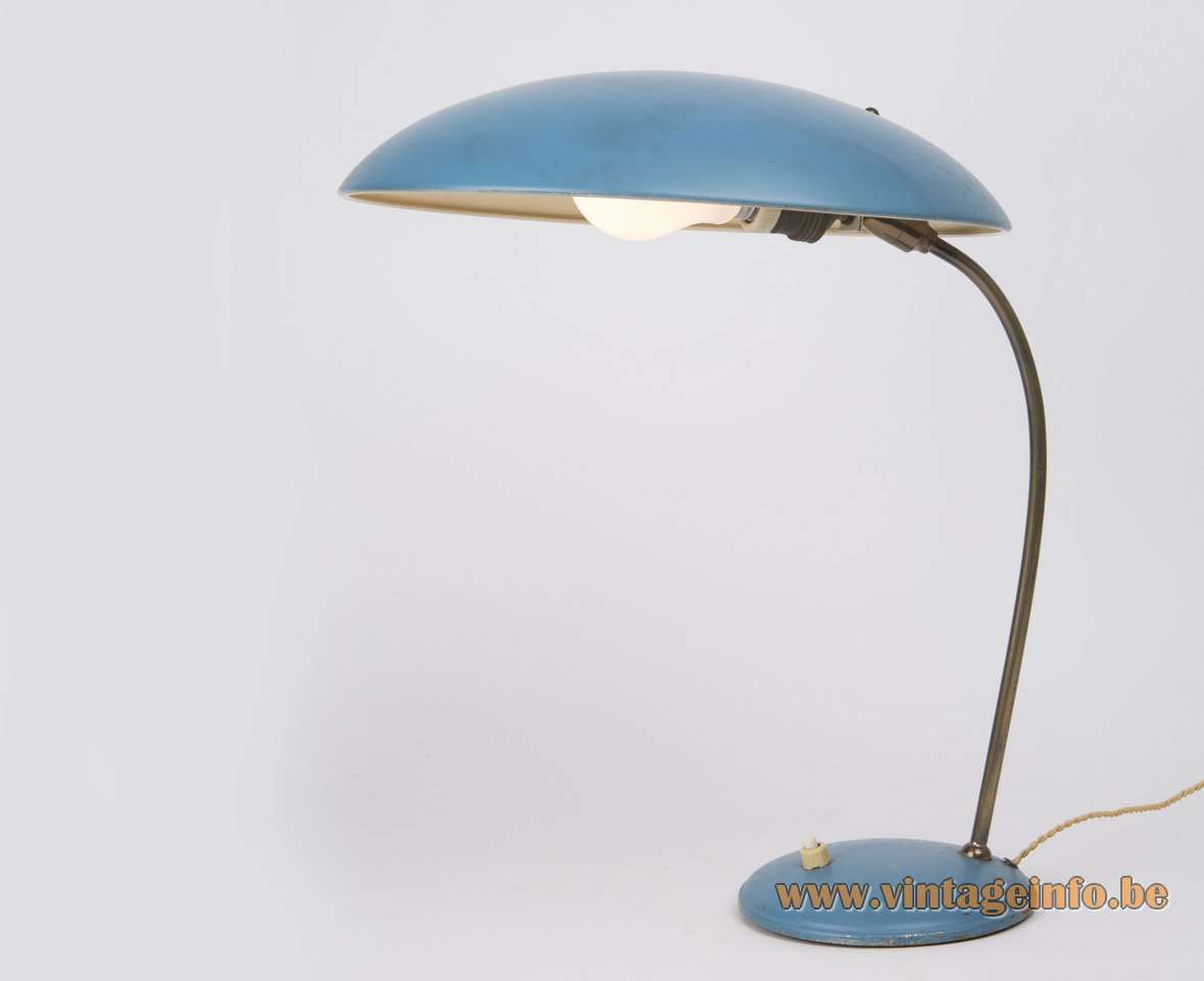 Philips style 1950s desk lamp round base brass rod blue mushroom lampshade Louis Kalff Massive Belgium