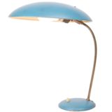Philips style 1950s desk lamp round base brass rod blue mushroom lampshade Louis Kalff Massive Belgium