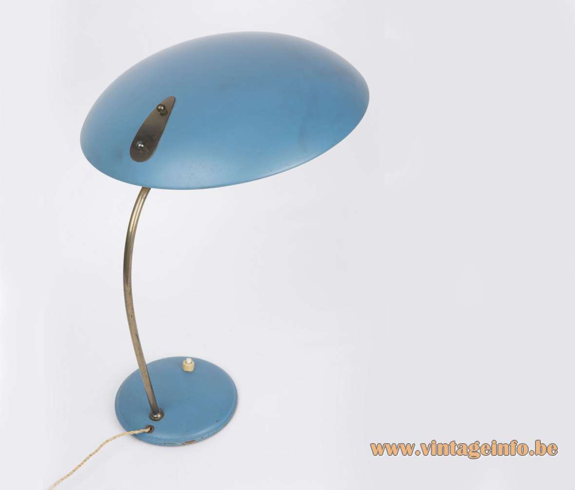 Philips style 1950s desk lamp round base brass rod blue mushroom lampshade Louis Kalff Massive Belgium