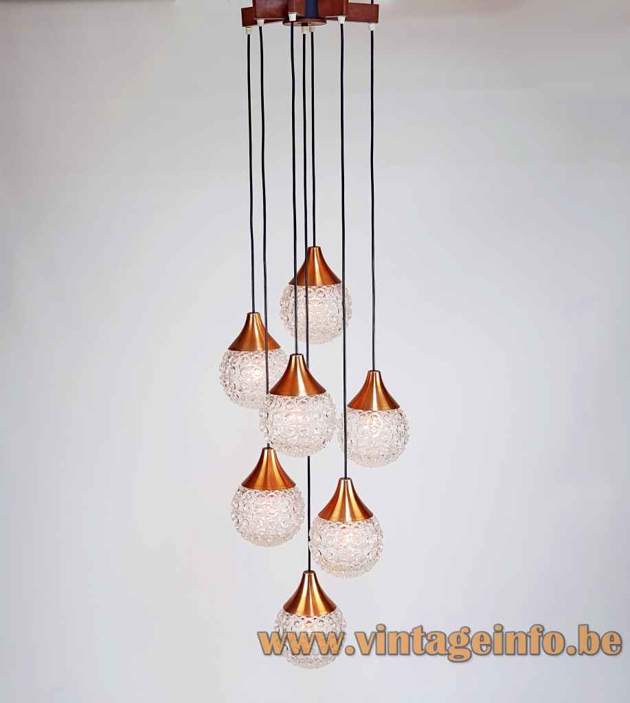 Cascading glass globes chandelier bubble relief lampshades copper lid plastic spider ceiling cap 1960s Germany