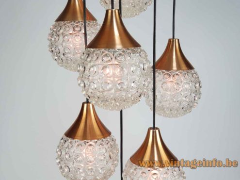 Cascading glass globes chandelier bubble relief lampshades copper lid plastic spider ceiling cap 1960s Germany
