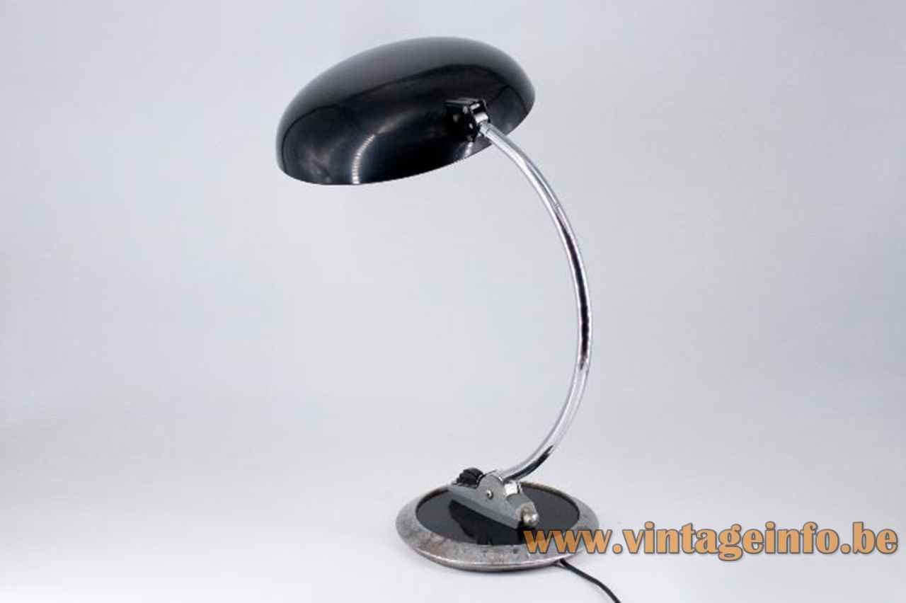 Fase B desk lamp round black metal base curved chrome rod mushroom lampshade 1960s 1970s Spain