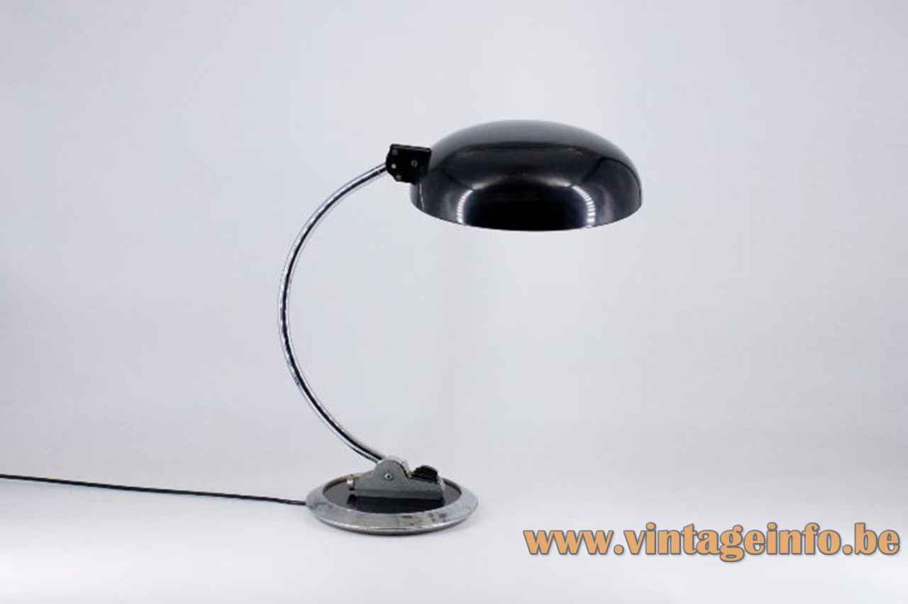 Fase B desk lamp round black metal base curved chrome rod mushroom lampshade 1960s 1970s Spain