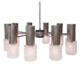 Large chrome & crystal glass chandelier 10 metal rods clear prism lampshades 1960s Kaiser Leuchten Germany 1970s