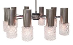Large chrome & crystal glass chandelier 10 metal rods clear prism lampshades 1960s Kaiser Leuchten Germany 1970s