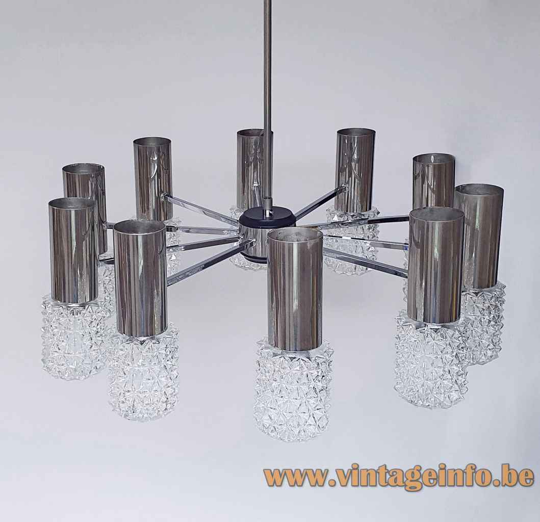 Large chrome & crystal glass chandelier 10 metal rods clear prism lampshades 1960s  Kaiser Leuchten Germany 1970s