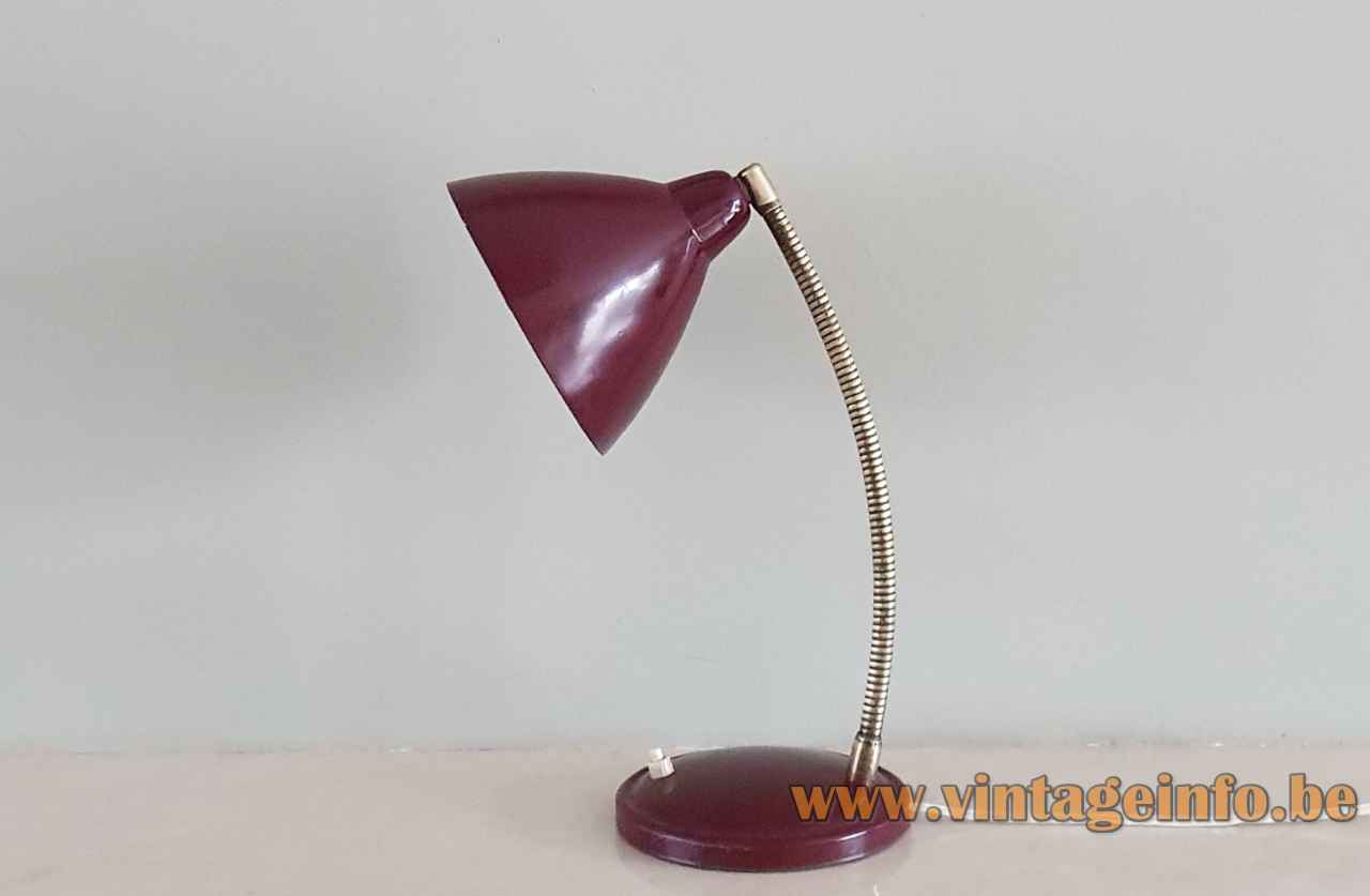 1950s Aluminor desk lamp round metal base chrome gooseneck maroon aluminium lampshades 1960s France E27 socket