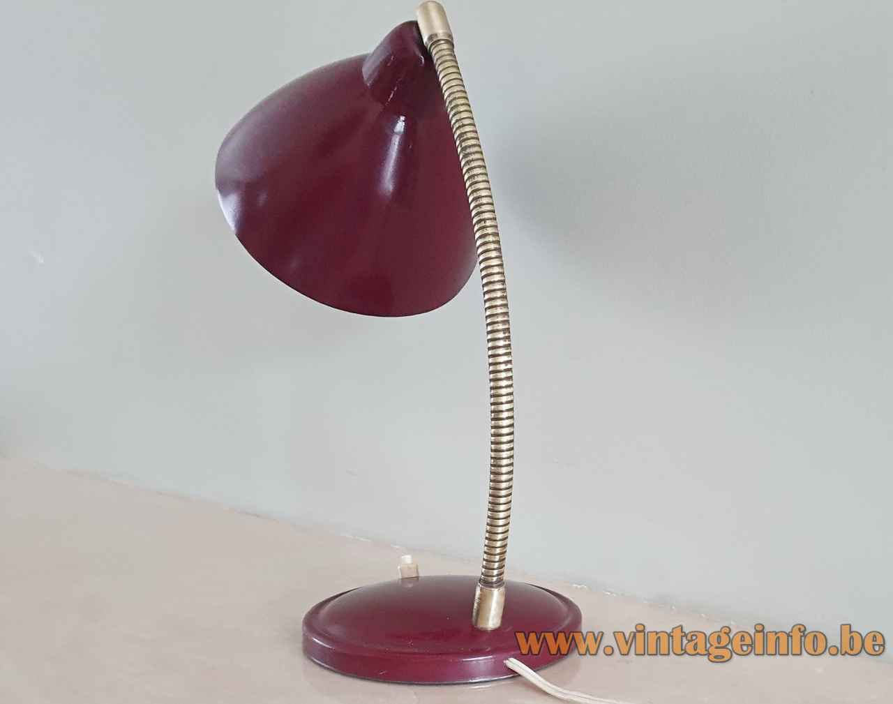 1950s Aluminor desk lamp round metal base chrome gooseneck maroon aluminium lampshades 1960s France back