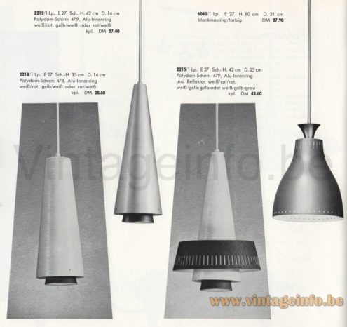 1950s Billiard pendant lamps Dame & Co catalogue picture brass model 6040 other models: 2215, 2212 & 2218 conical pendant lamps 