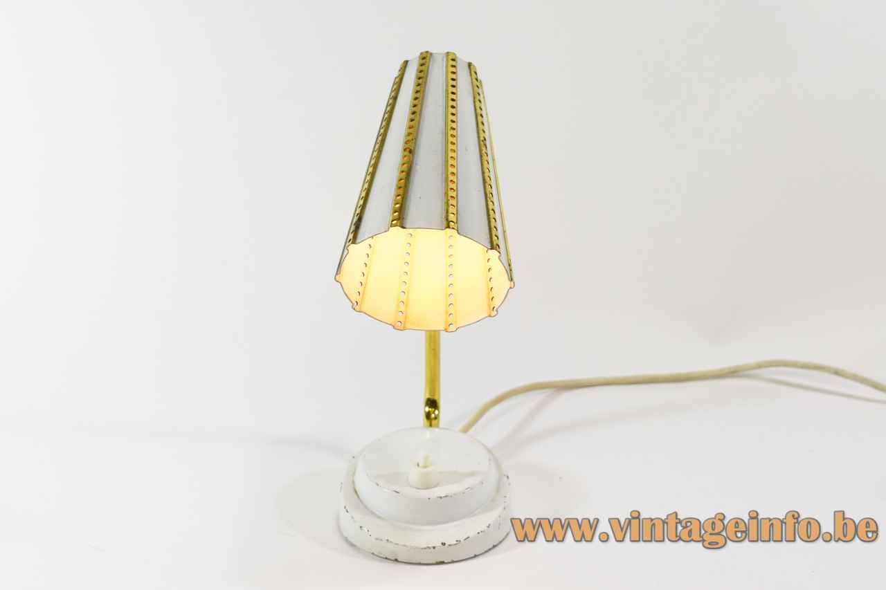 1950s conical bedside table lamp round metal base brass rod perforated lampshade ERPEES Pfäffle Leuchten Germany 