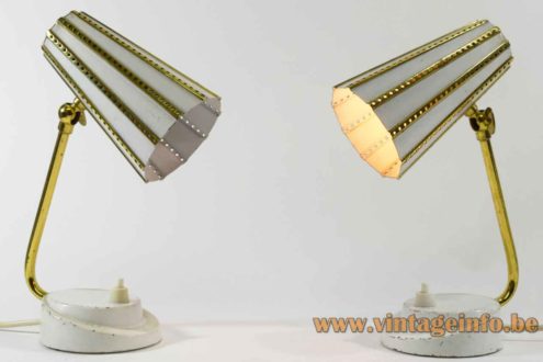 1950s conical bedside table lamp round metal base brass rod perforated lampshade ERPEES Pfäffle Leuchten Germany